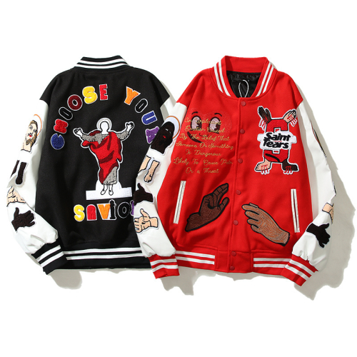 Diverse Collection of Varsity Jackets in Various Colors and Styles