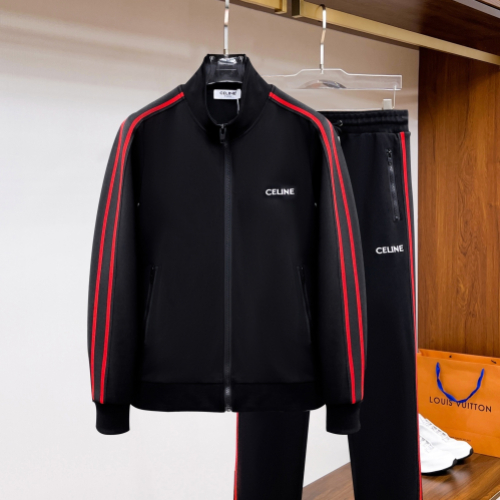 Celine Black Track Jacket and Pants Set with Red Stripes