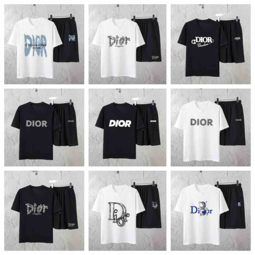 Dior Black and White Short Sleeve T-Shirt Sets with Matching Shorts