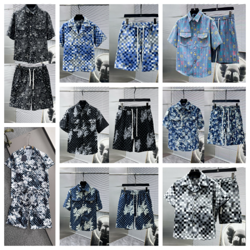 Louis Vuitton Blue and Black Short Sleeve Shirt and Shorts Sets