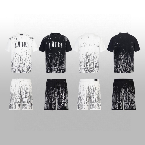 Amiri Black and White Crackle Print T-Shirt and Shorts Set