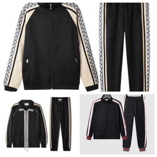 Gucci Black Track Suit with Color Block Sleeves and Striped Pants