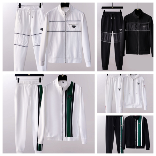 Prada Black and White Men's Track Suit Sets with Zip-Up Jackets and Pants