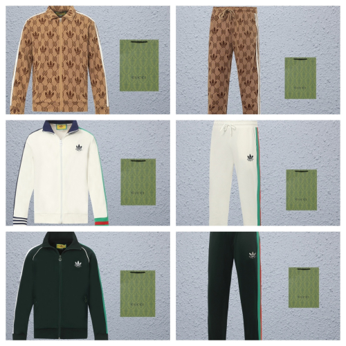 Gucci Brown Pattern Track Jacket and Pants Set, White Adidas Track Jacket and Pants Set, Green Adida