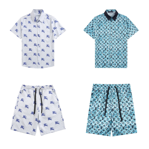 L1ouis V1uitton Blue Short Sleeve Shirt and Shorts Set